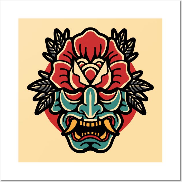 Retro Oni Mask with Rose Wall Art by SLAG_Creative